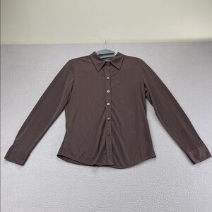 Express Brown Sheer Button Up Blouse Y2K Mesh Top Long Sleeve Women’s Size M
